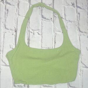 White Fox Green Ribbed Cropped Halter Top